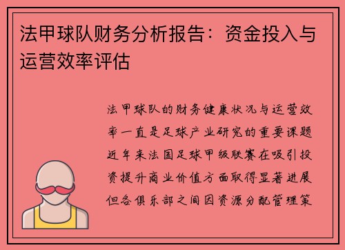 法甲球队财务分析报告：资金投入与运营效率评估